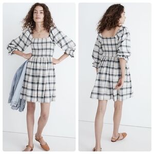 Madewell Lucie Elbow-Sleeve Smocked Mini Dress in Lebaum Plaid Womens Size XL